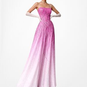 Vintage Y2K Pink Silk Ombre Beaded A-Line Tulle Maxi Formal Prom Dress Size S